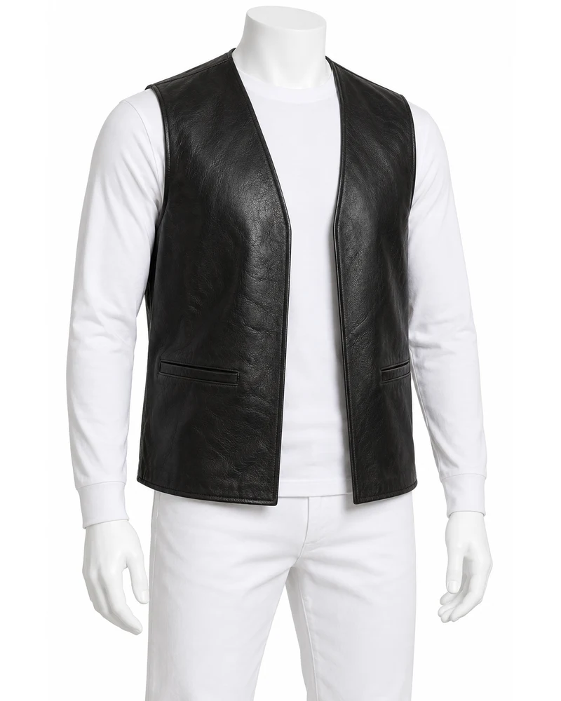 Black Men's Collarless Straight-Hem Open-Front Leather Vest