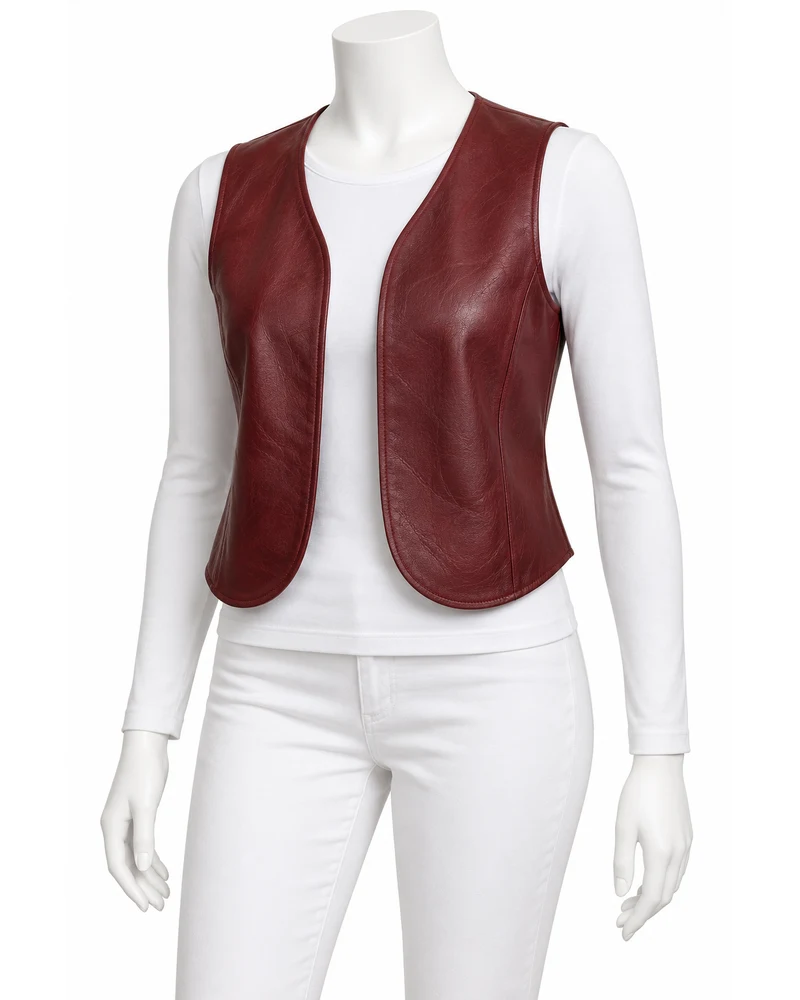 Burgundy Women's Cropped Curved-Hem Open-Front Leather Vest