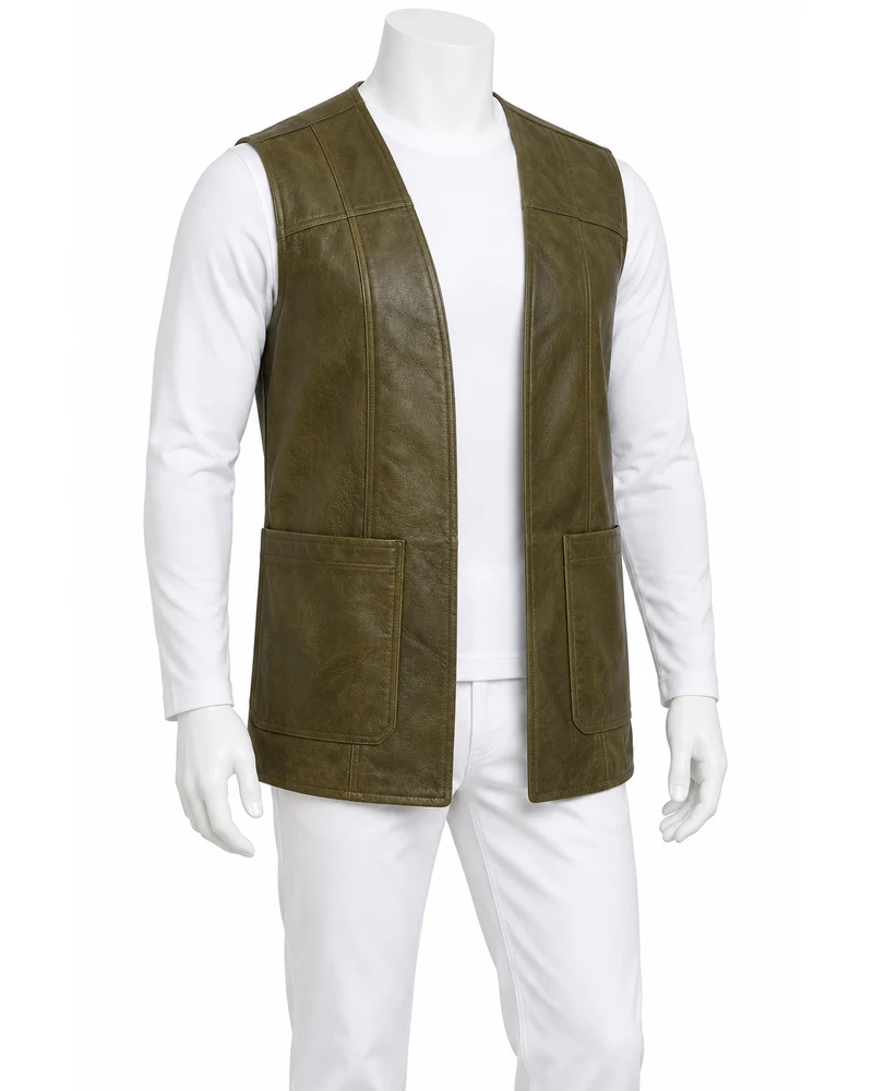 Olive Men's Panelled Utility Open-Front Leather Vest