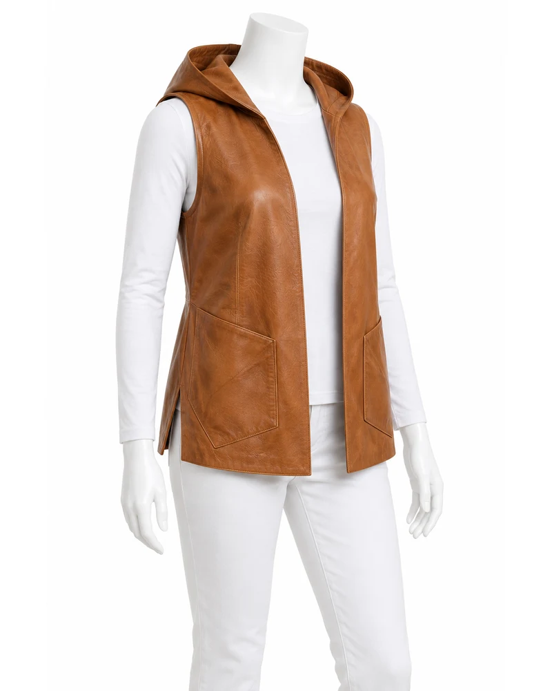 Tan Women's Hooded Split-Hem Open-Front Leather Vest