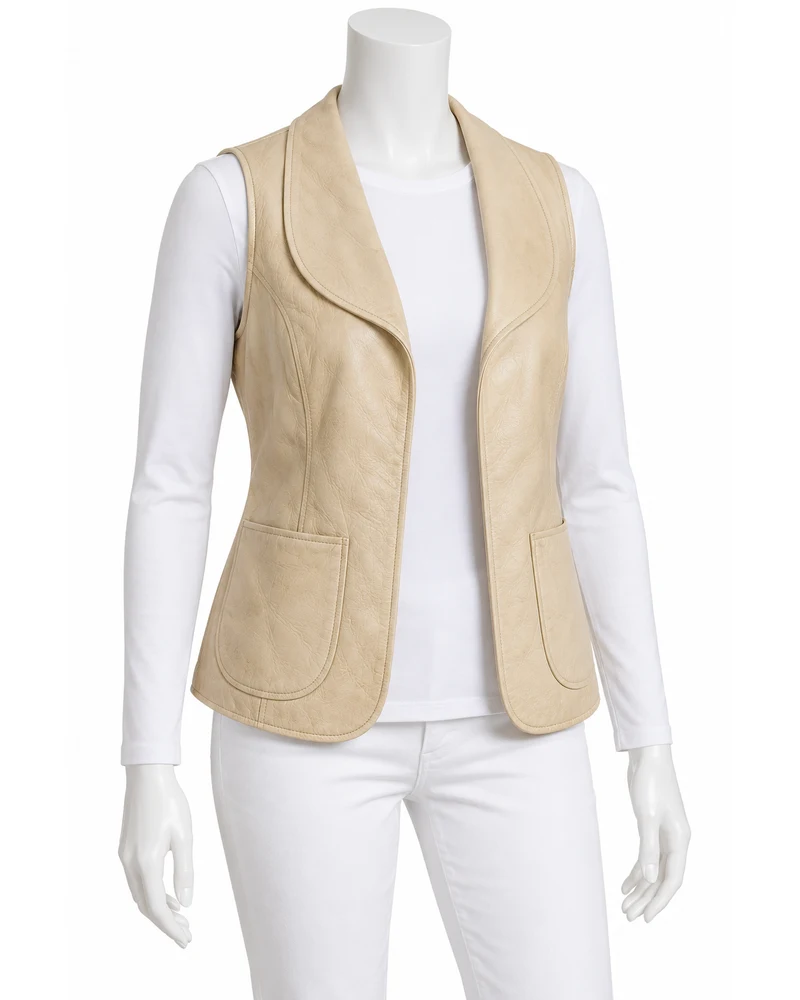 Cream Women's Rounded-Collar Open-Front Leather Vest