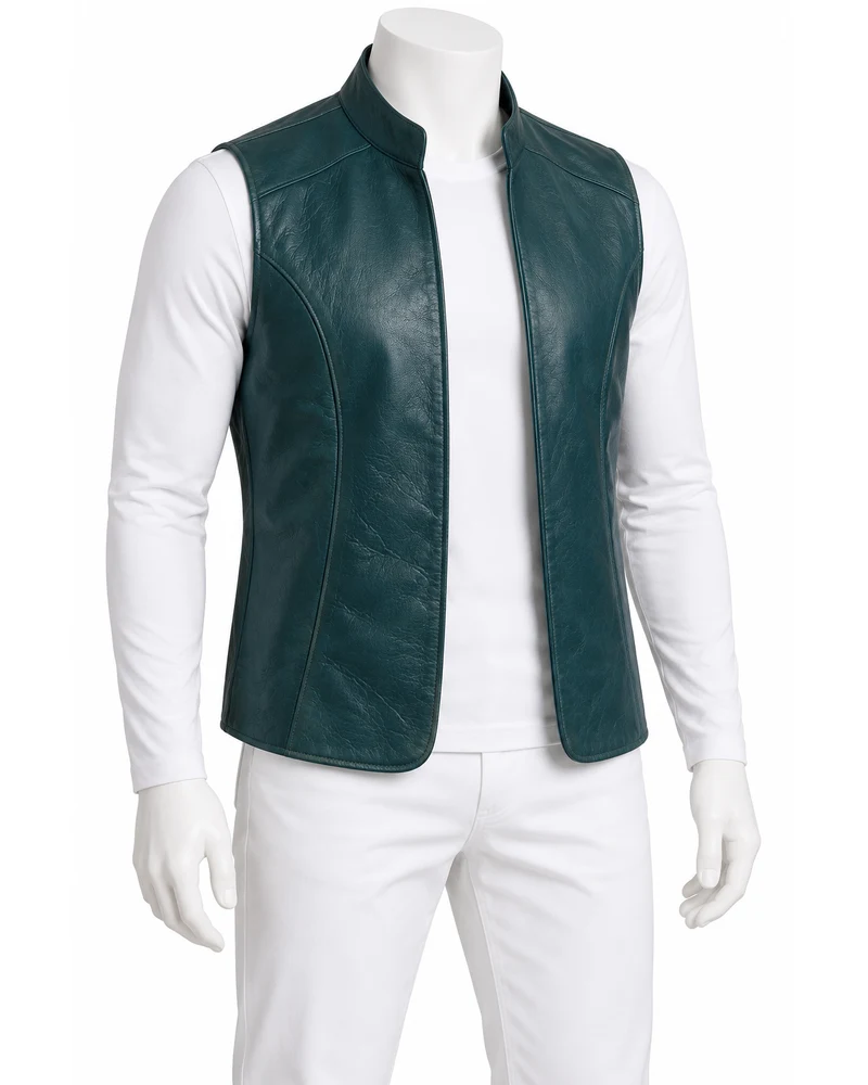 Deep Teal Men's Stand-Collar Open-Front Leather Vest