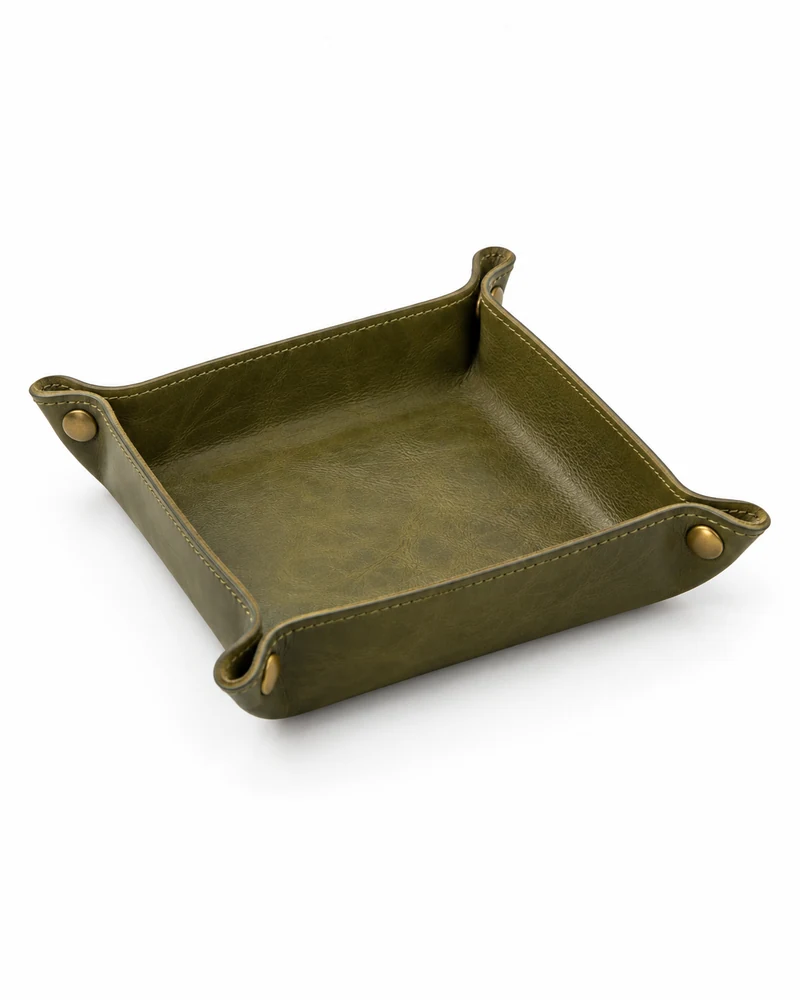 Olive Snap-Corner Leather Valet Tray