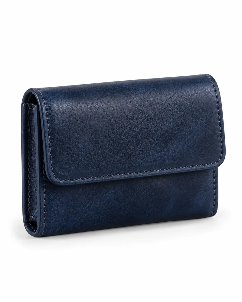 Navy Gusseted Leather Business Card Case