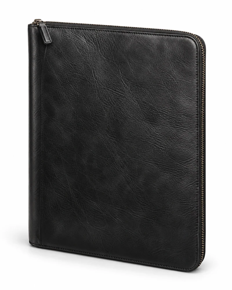 Black Zipped Leather Document Folio