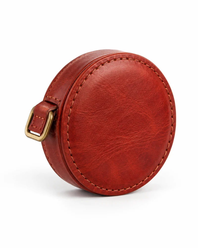 Brick Red Round Leather Tape Measure Case