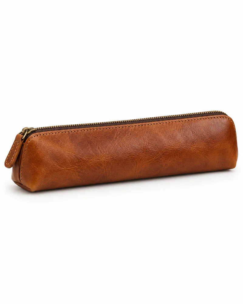 Caramel Brown Leather Zip Pencil Pouch