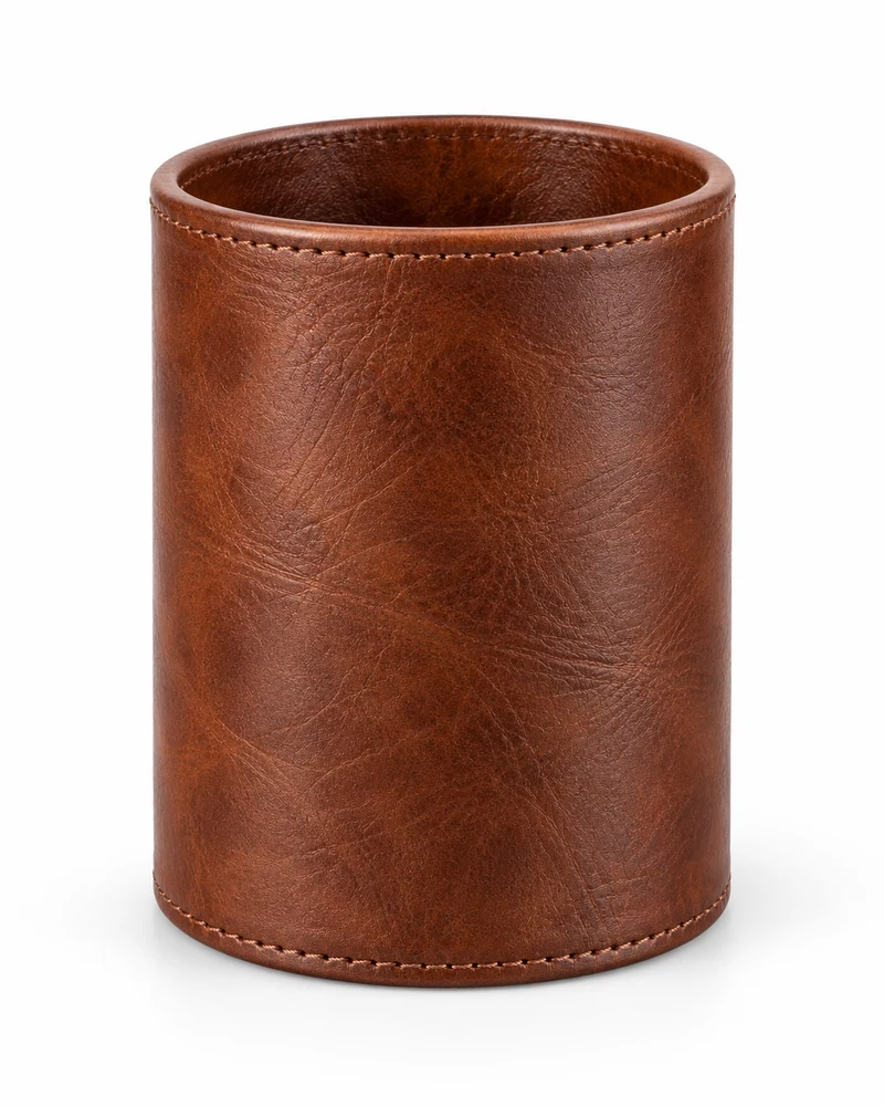 Walnut Leather Cylindrical Desk Pen Pot