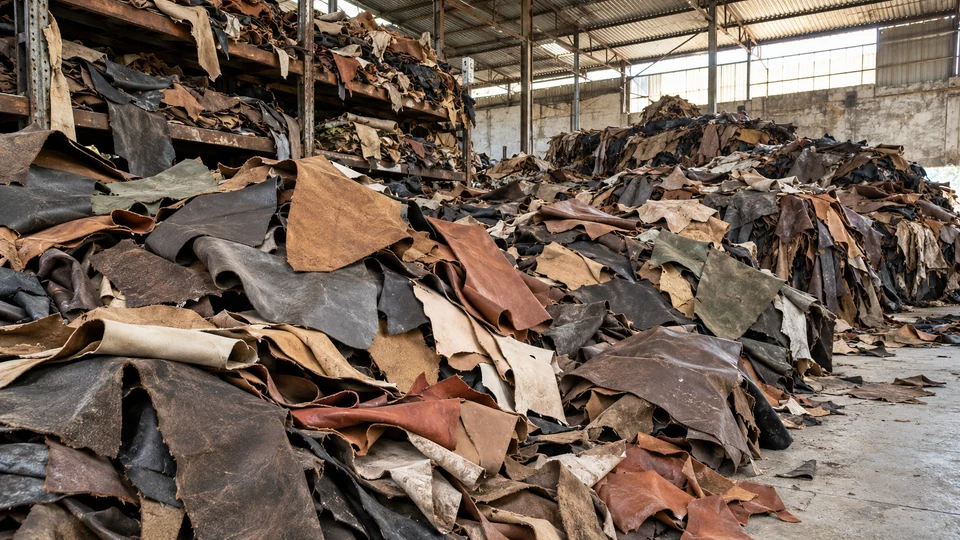 Illustration of large heaps of discarded tannery leather and reject hides awaiting recovery