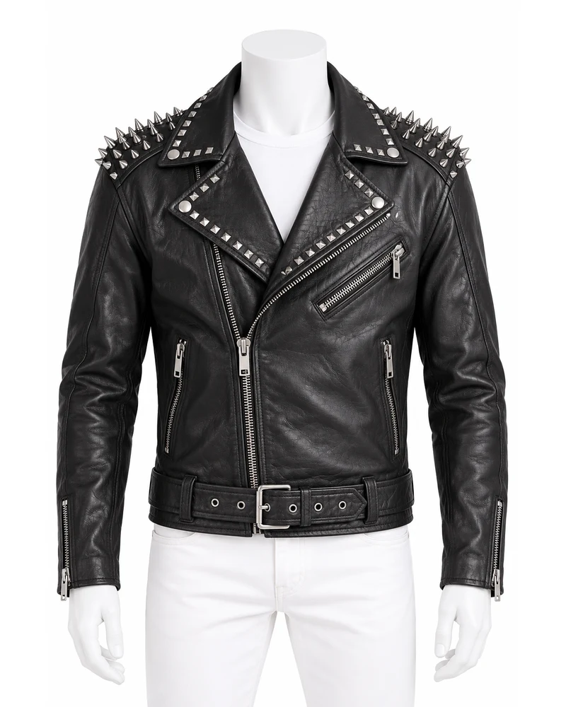 Jet Black Men's Belted Spike-Shoulder Studded Leather Motorbike Jacket