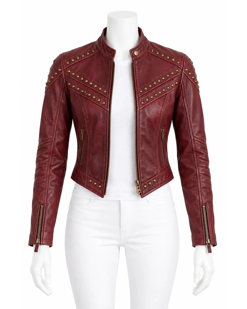 Burgundy Women's Cropped Chevron Studded Leather Motorbike Jacket