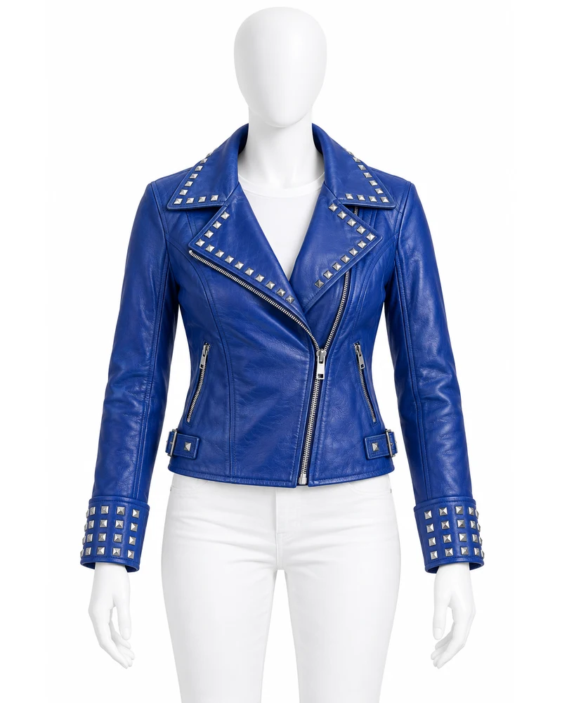 Cobalt Blue Women's Double-Lapel Studded Leather Motorbike Jacket
