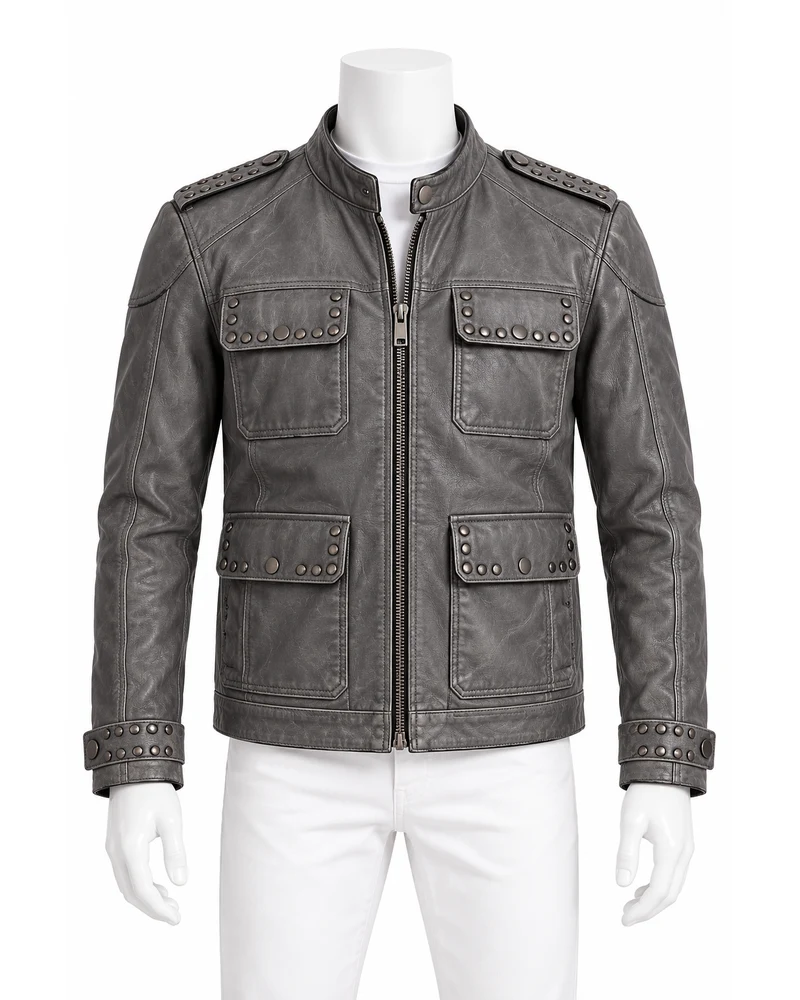 Slate Grey Men's Utility Pocket Studded Leather Motorbike Jacket