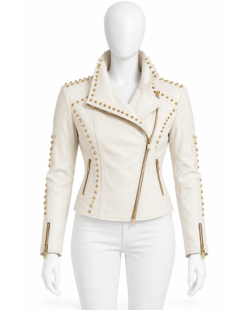 Ivory Women's High-Neck Wrap Studded Leather Motorbike Jacket
