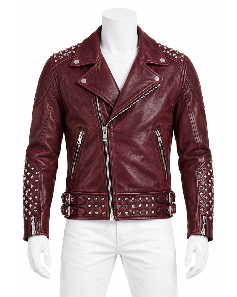 Oxblood Men's Broad-Lapel Road Studded Leather Motorbike Jacket