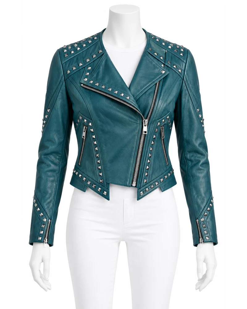 Teal Women's Angular Panel Studded Leather Motorbike Jacket