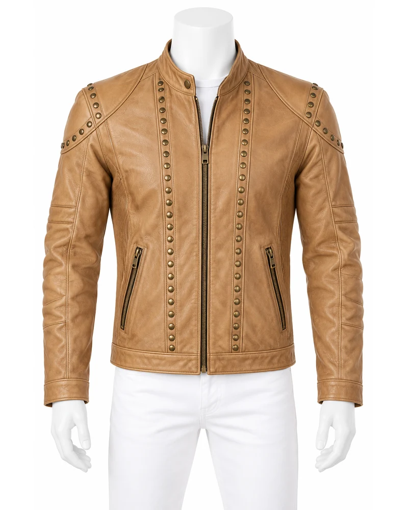 Sand Tan Men's Rally Stripe Studded Leather Motorbike Jacket