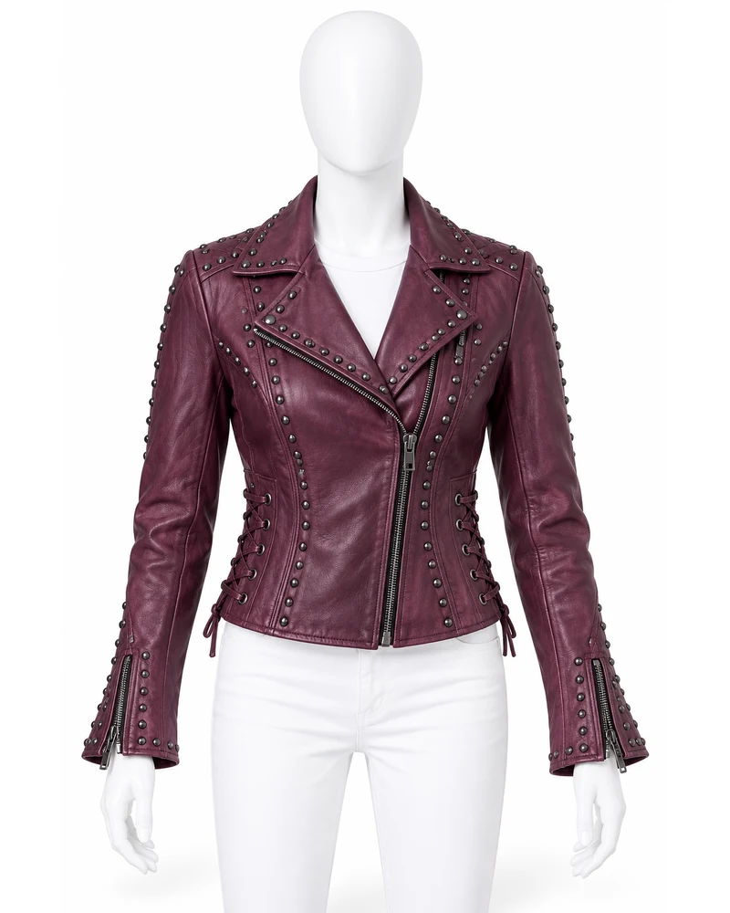 Plum Women's Corset-Seam Studded Leather Motorbike Jacket