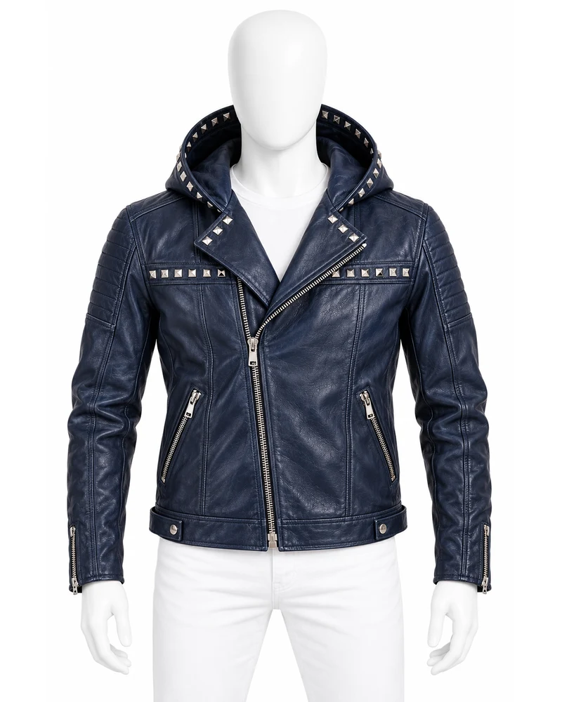 Navy Men's Hooded Moto Studded Leather Motorbike Jacket