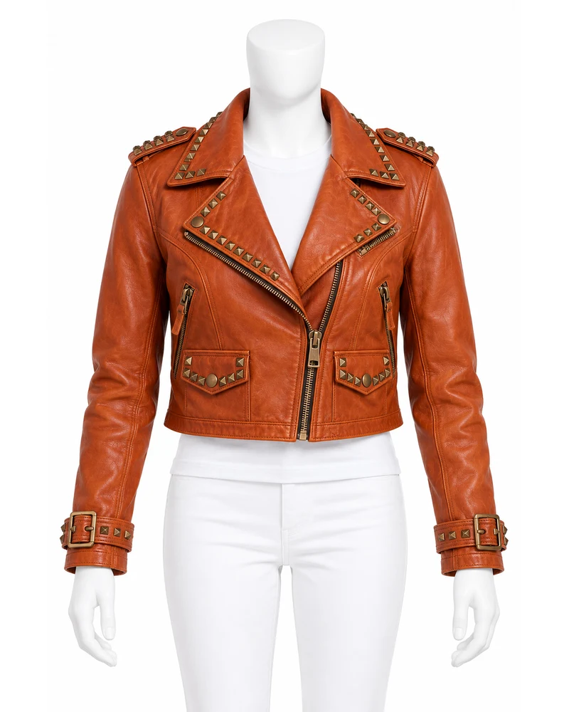 Rust Orange Women's Epaulette Crop Studded Leather Motorbike Jacket