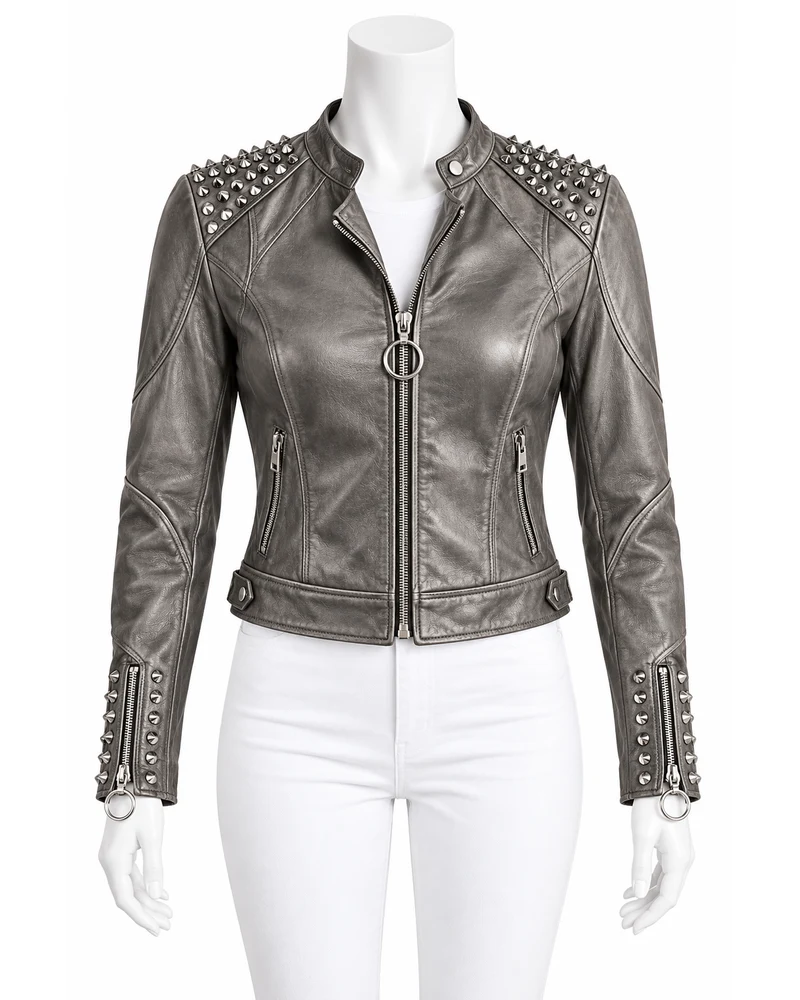 Pewter Women's Ring-Zip Racer Studded Leather Motorbike Jacket