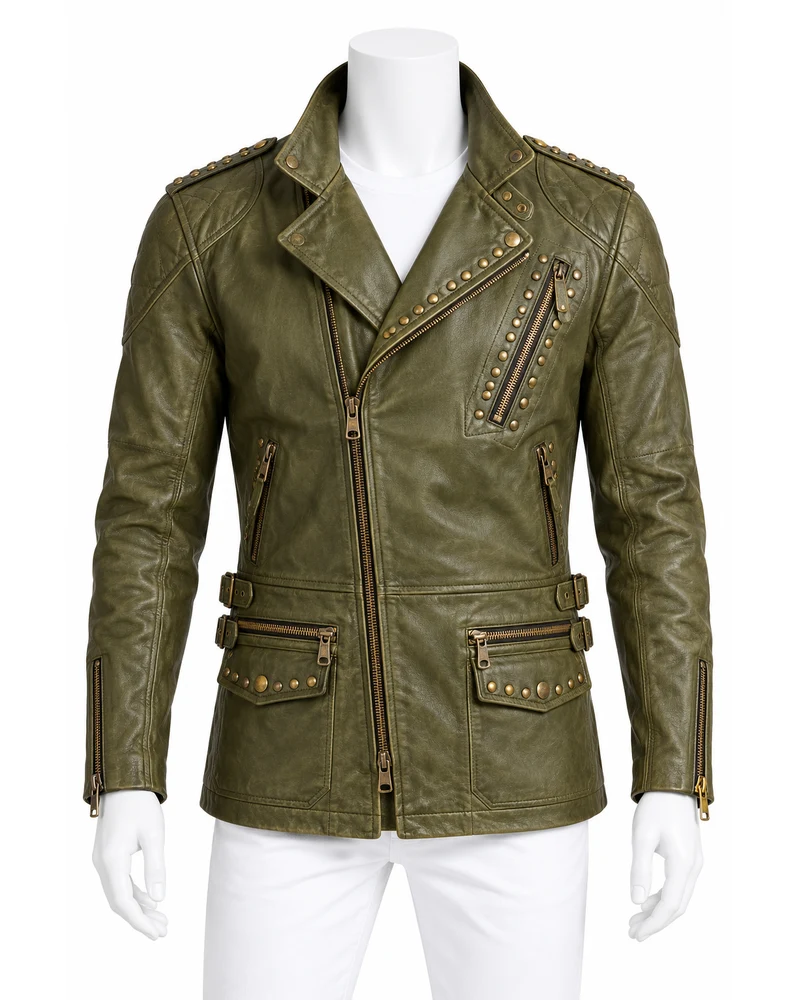 Olive Men's Cross-Zip Touring Studded Leather Motorbike Jacket