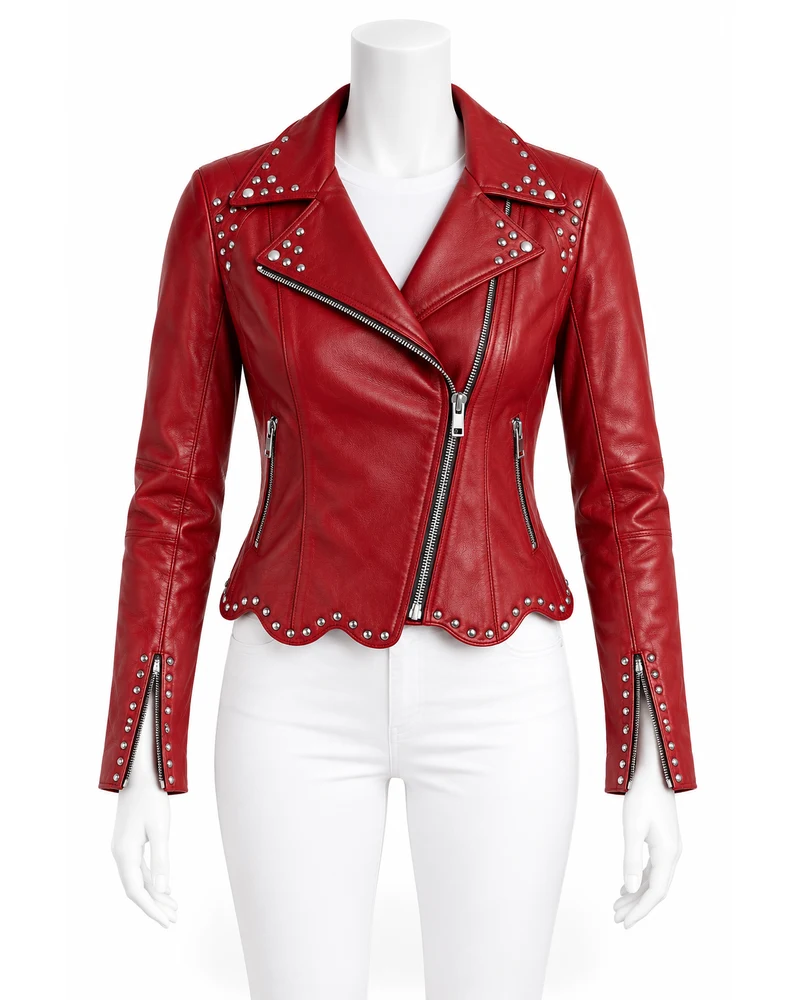 Cherry Red Women's Scallop-Hem Studded Leather Motorbike Jacket