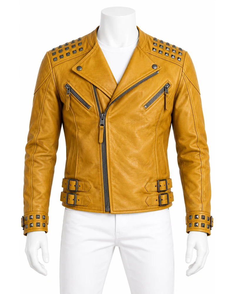 Mustard Gold Men's Twin-Buckle Moto Studded Leather Motorbike Jacket