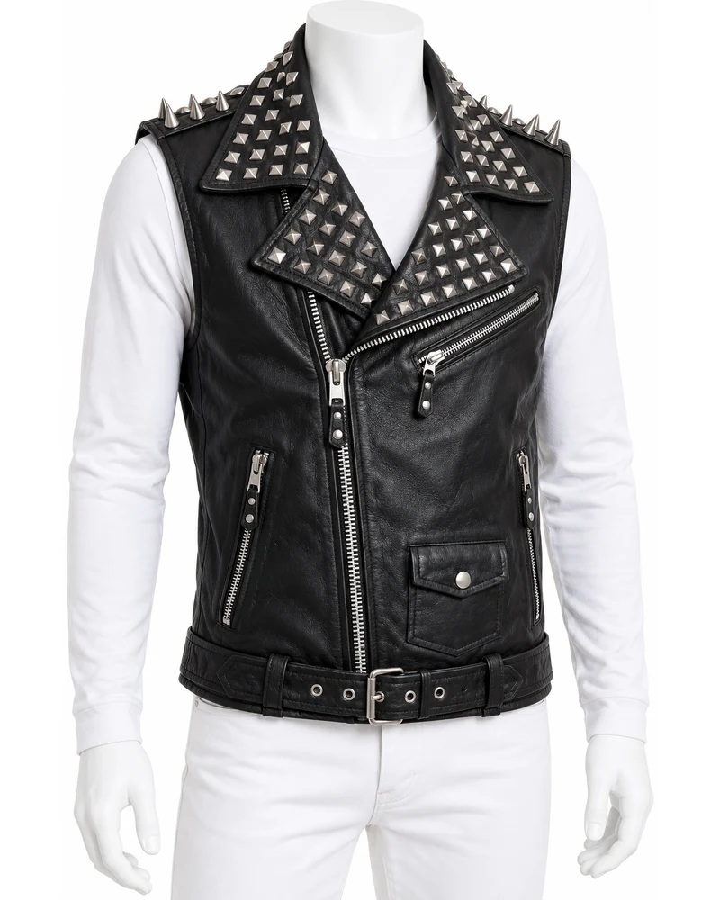 Black Men's Classic Belted Moto Studded Leather Vest