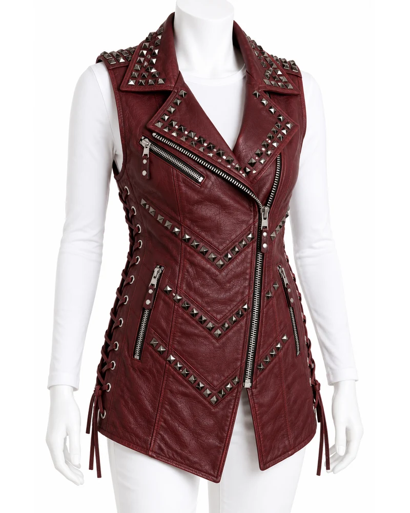 Burgundy Women's Longline Chevron Studded Leather Vest