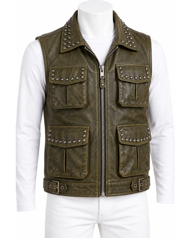 Olive Men's Four-Pocket Utility Studded Leather Vest