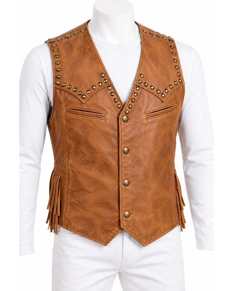 Tan Men's Western-Yoke Fringe Studded Leather Vest