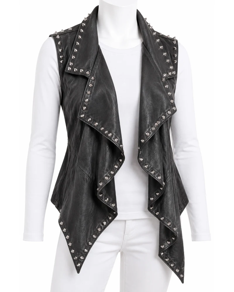 Charcoal Women's Waterfall Open-Front Studded Leather Vest