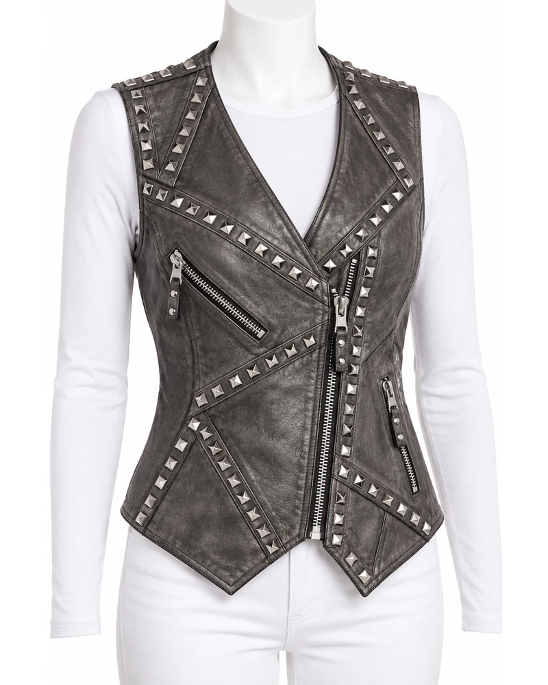Pewter Women's Geometric Panel Studded Leather Vest