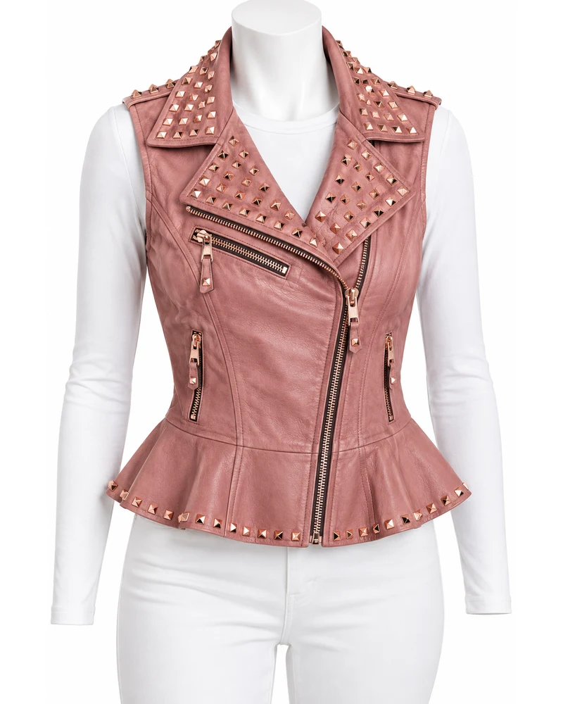 Dusty Rose Women's Peplum Moto Studded Leather Vest
