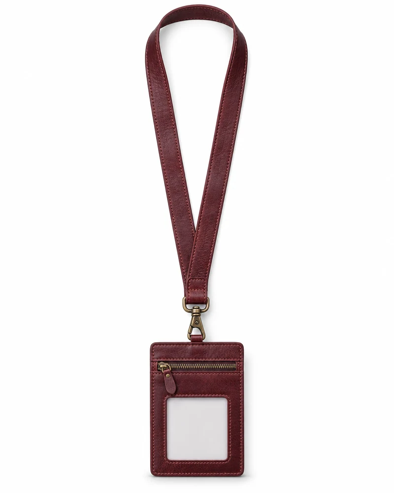 Maroon Zip-Pocket Leather Badge Lanyard