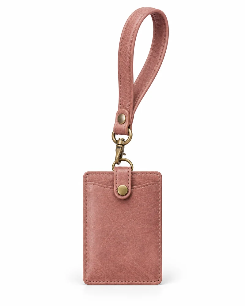 Dusty Rose Leather Wristlet Card Lanyard