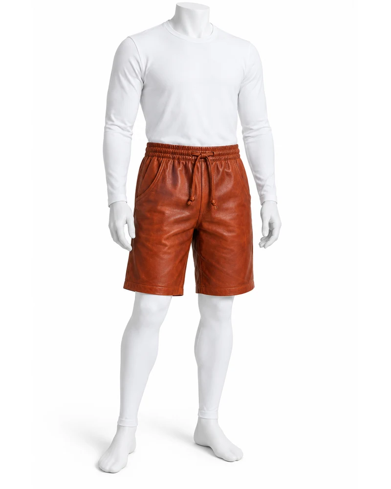 Rust Men Elastic Drawstring Leather Shorts