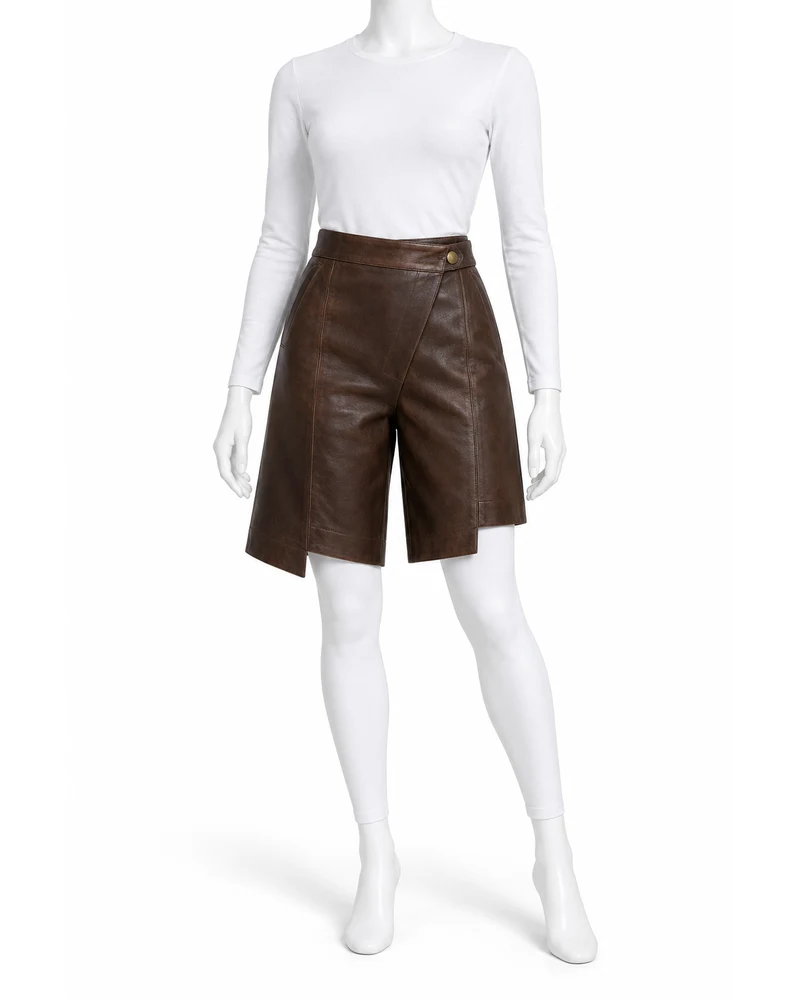 Dark Brown Women Asymmetric Step-Hem Leather Shorts