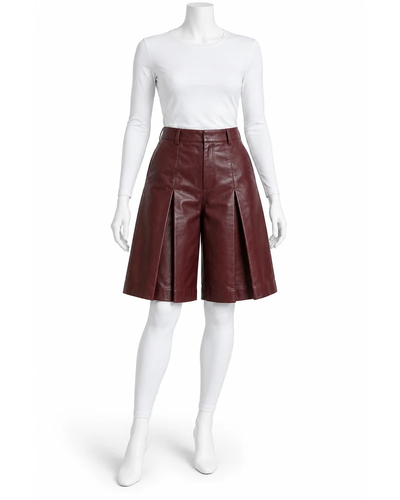 Wine Women Box-Pleat Culotte Leather Shorts
