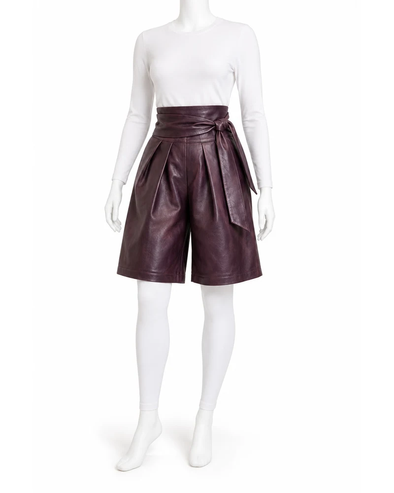 Aubergine Women Pleated Wrap-Waist Leather Shorts