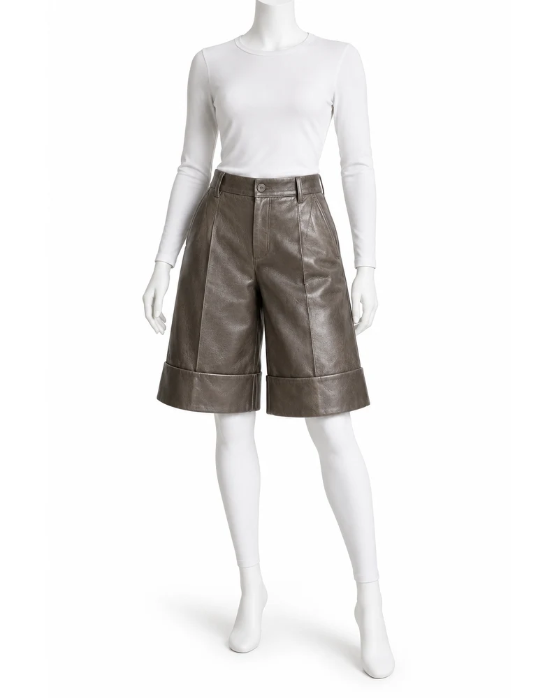 Pewter Women Broad Cuff Turnback Leather Shorts