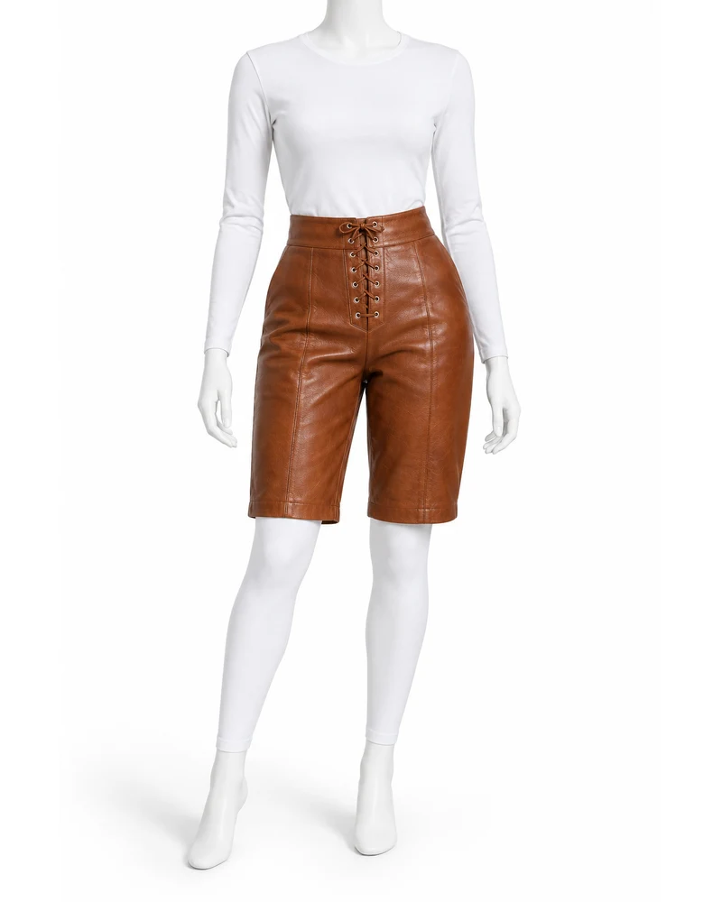 Saddle Brown Women Lace-Up Front Leather Shorts