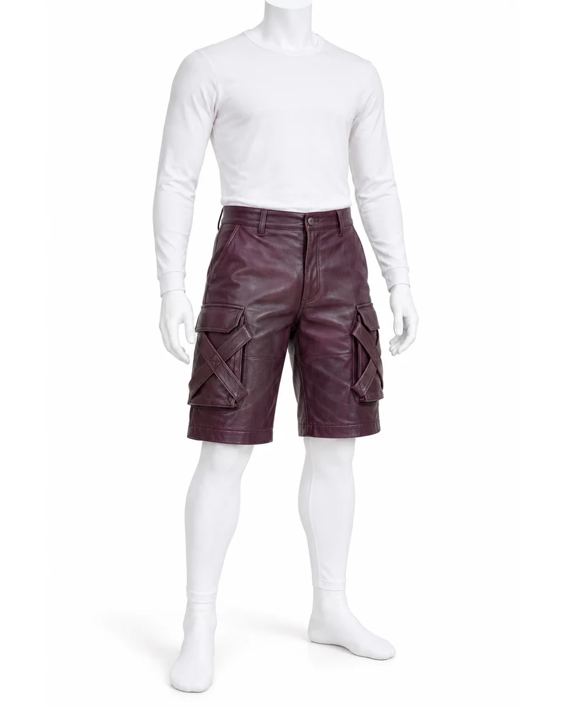 Plum Men Cross-Strap Utility Leather Shorts