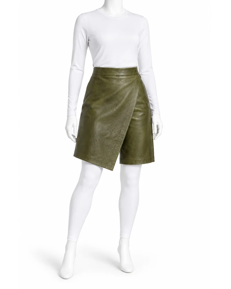 Olive Women Wrap-Front Skort Leather Shorts