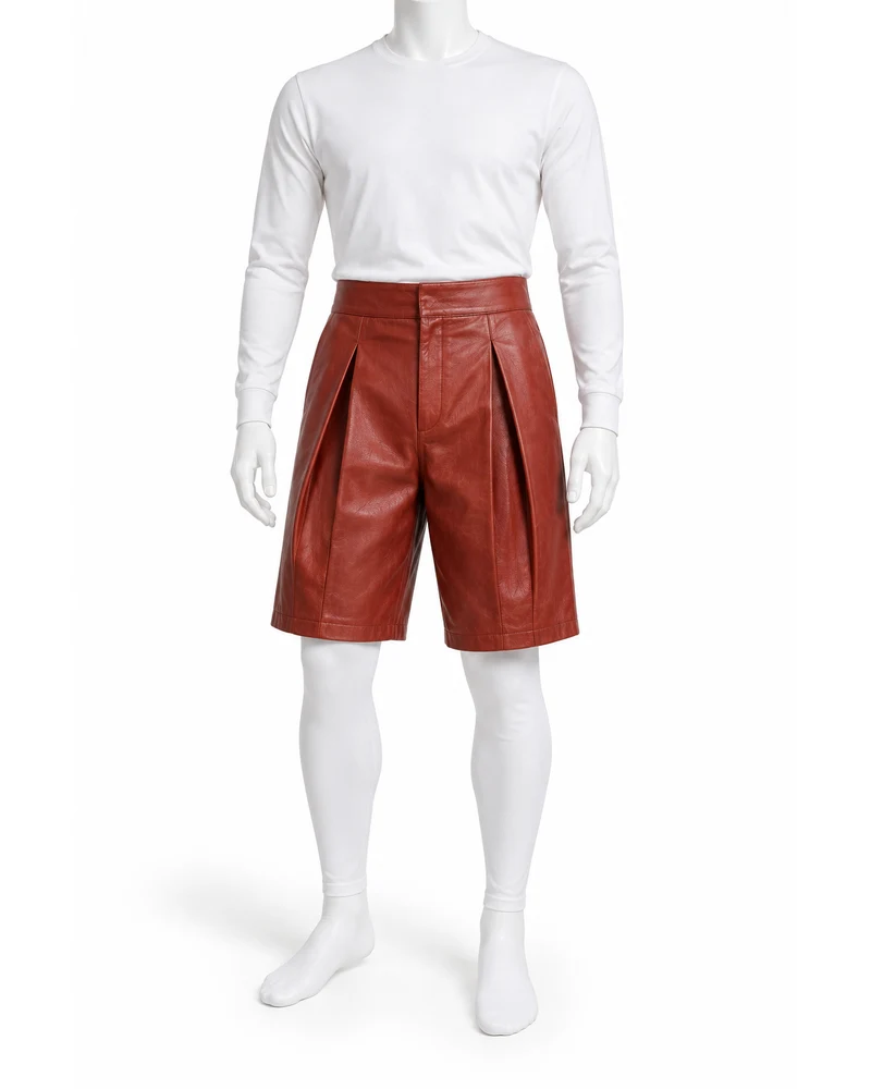 Brick Red Men Open-Pleat Front Leather Shorts