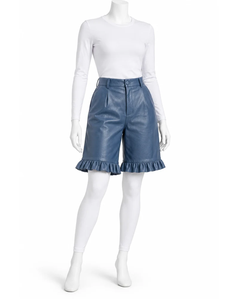 Steel Blue Women Ruffle-Edge Bermuda Leather Shorts