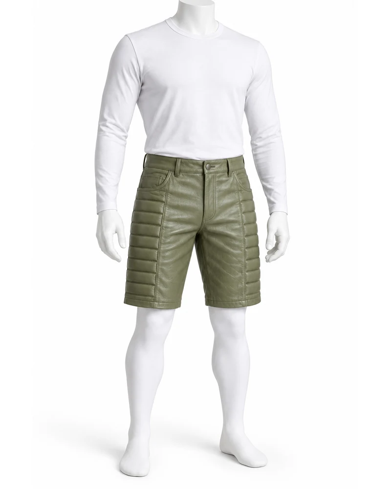 Sage Men Horizontal Quilted-Panel Leather Shorts