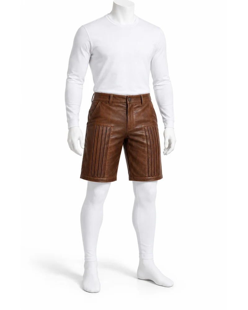 Walnut Men Vertical Pintuck Panel Leather Shorts