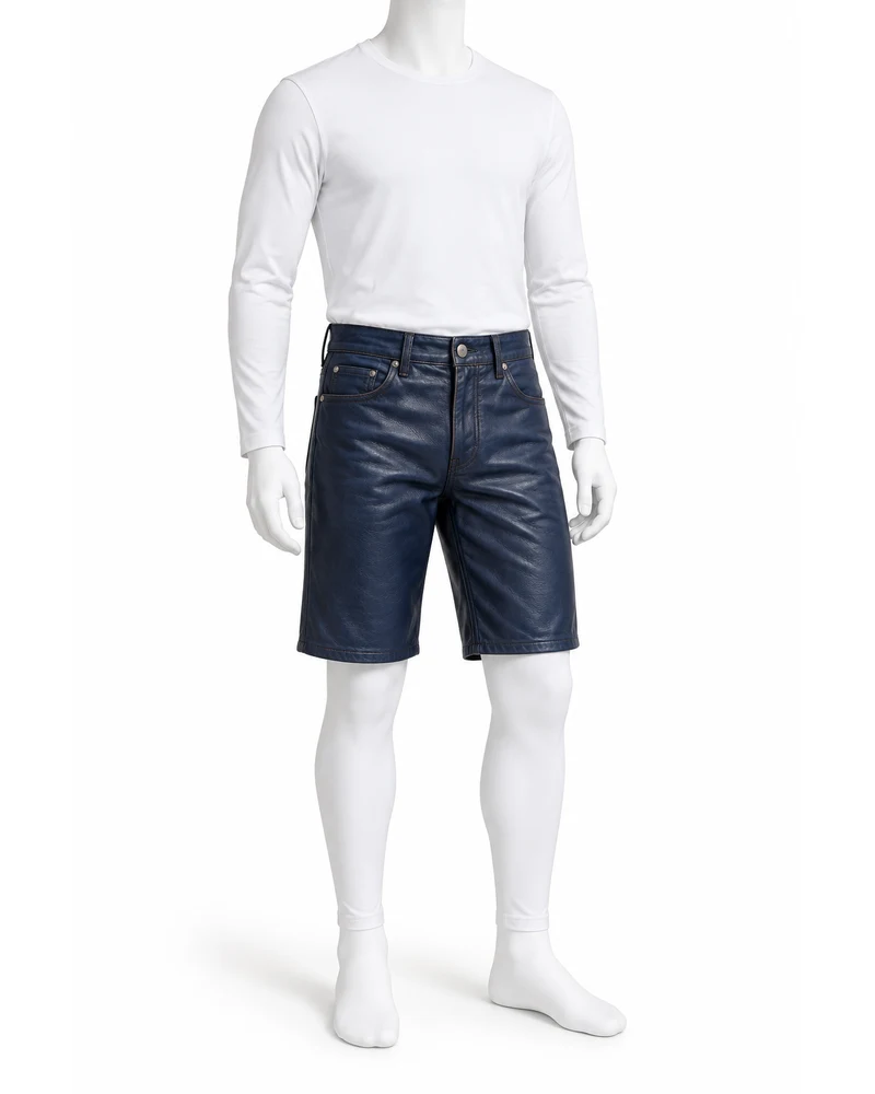 Navy Men Five-Pocket Straight-Leg Leather Shorts